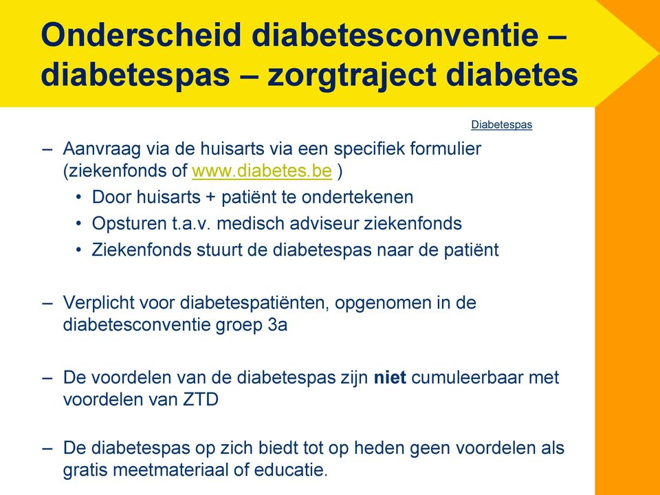 medisch adviseur ziekenfonds Ziekenfonds stuurt de diabetespas naar de patiënt Diabetespas Verplicht voor diabetespatiënten, opgenomen