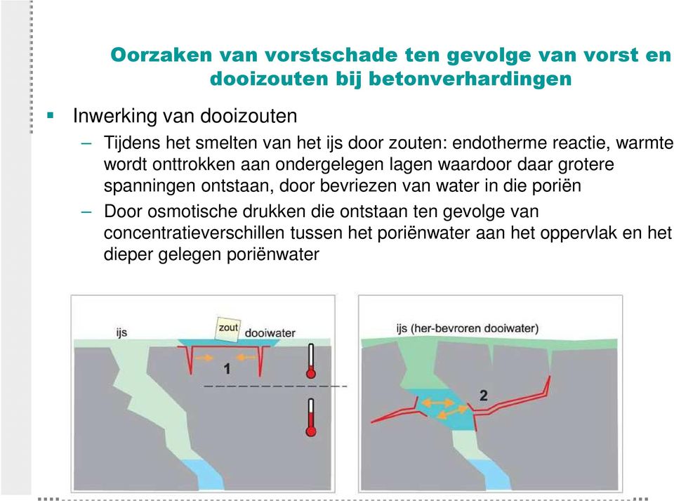 waardoor daar grotere spanningen ontstaan, door bevriezen van water in die poriën Door osmotische drukken die