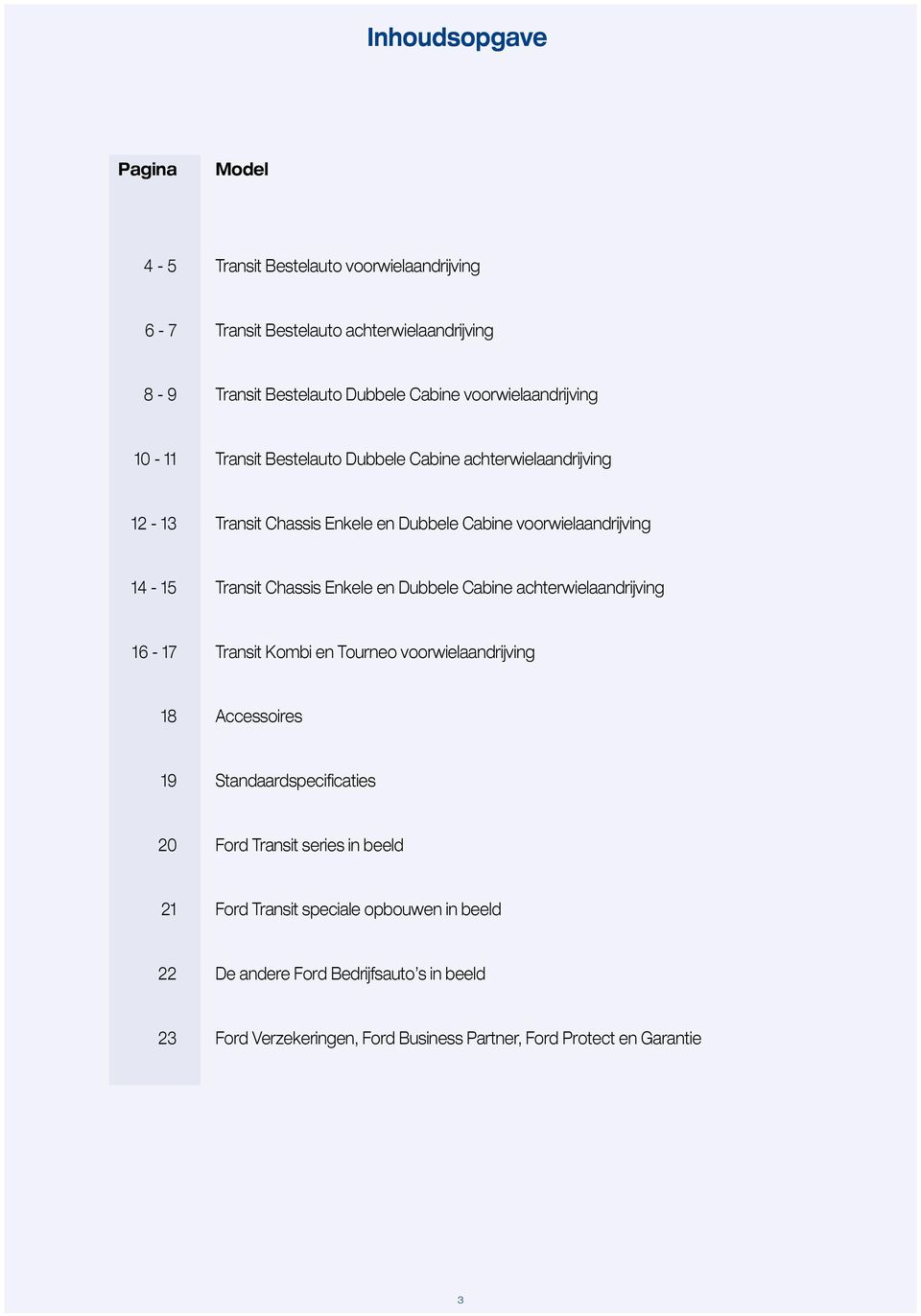 Chassis Enkele en Dubbele Cabine achterwielaandrijving 16-17 Transit Kombi en Tourneo voorwielaandrijving 18 Accessoires 19 Standaardspecificaties 20 Ford Transit