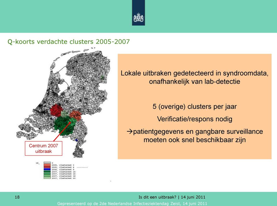 clusters per jaar Verificatie/respons nodig Centrum 2007 uitbraak