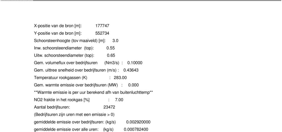 43643 Temperatuur rookgassen (K) : 283.00 Gem. warmte emissie over bedrijfsuren (MW) : 0.