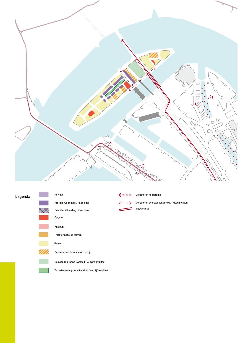 wijken Potentie: inbreiding nieuwbouw Opgave Knelpunt nieuwe brug Potentiele kanskaart / ankerpunt Transformatie op termijn Beheer Beheer / transformatie op termijn Bestaande groene