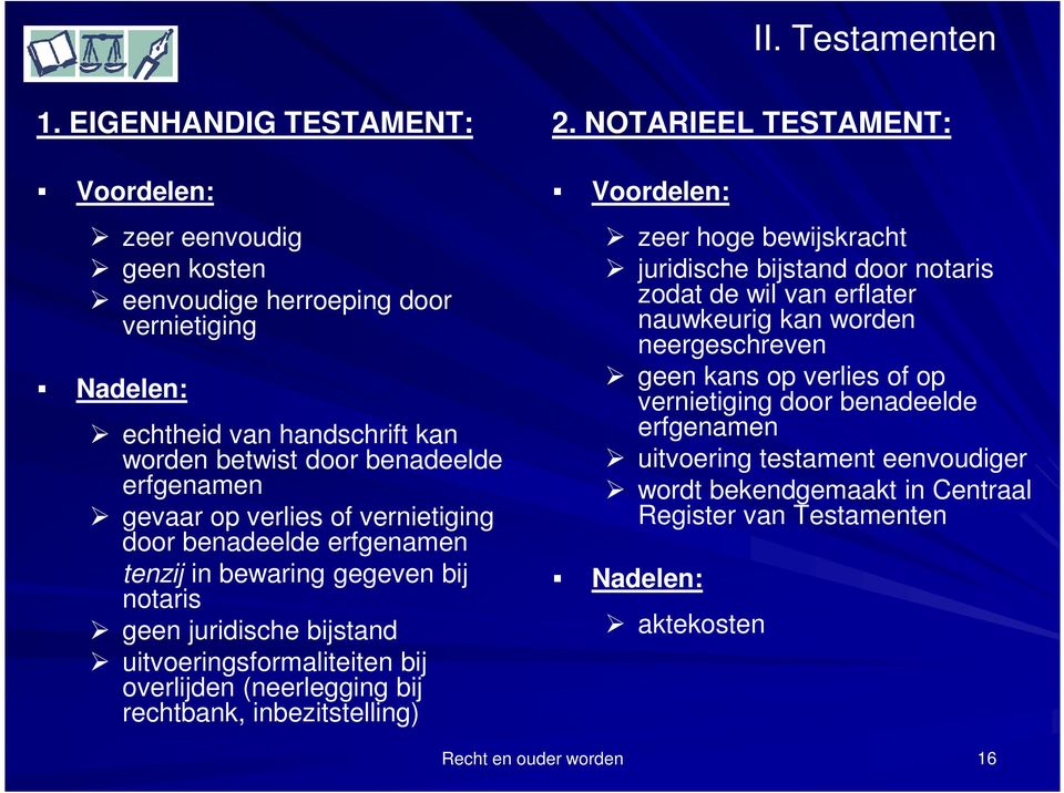 verlies of vernietiging door benadeelde erfgenamen tenzij in bewaring gegeven bij notaris geen juridische bijstand uitvoeringsformaliteiten bij overlijden (neerlegging bij rechtbank,