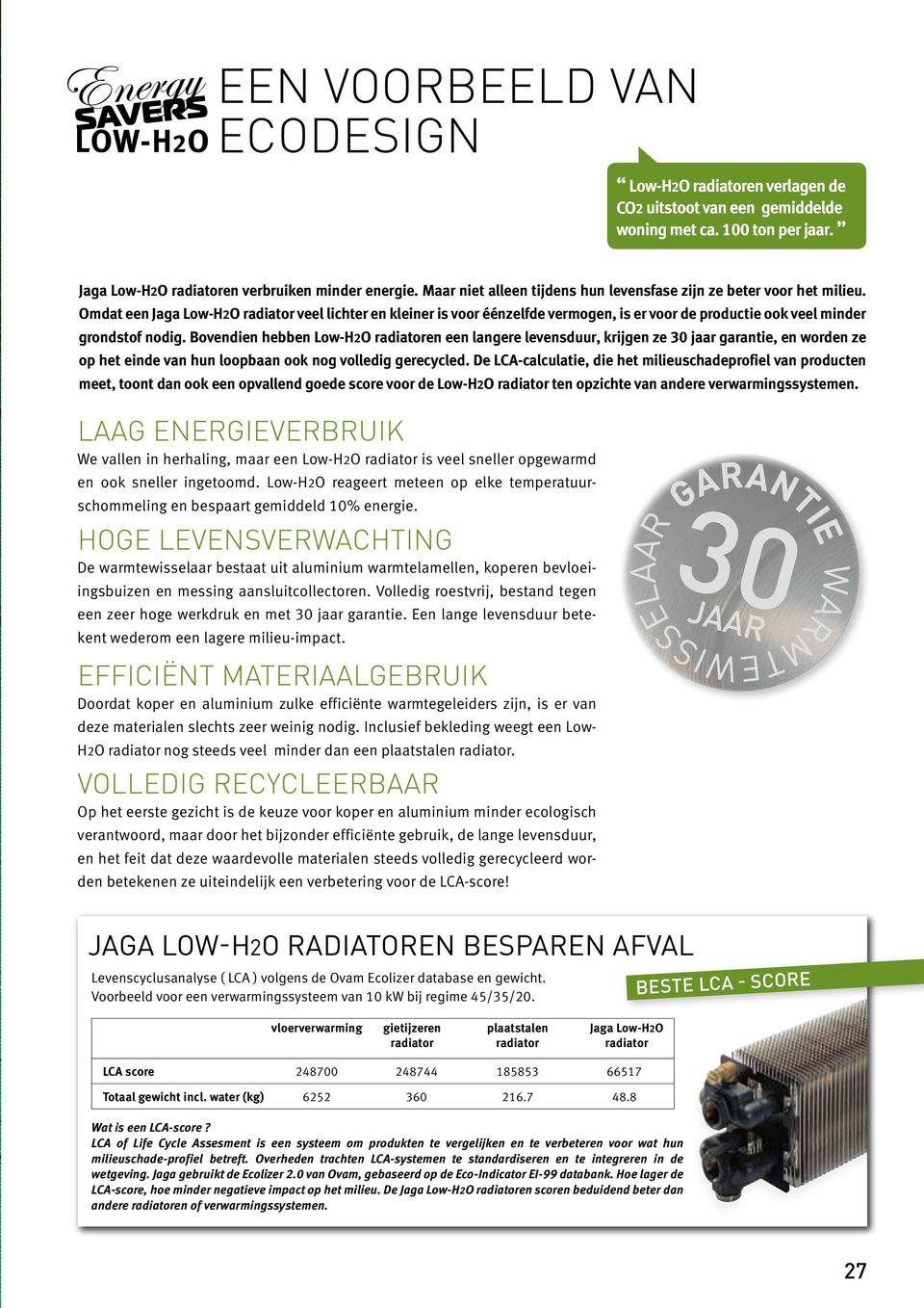 Omdat een Jaga Low-H2O radiator veel lichter en kleiner is voor éénzelfde vermogen, is er voor de productie ook veel minder grondstof nodig.