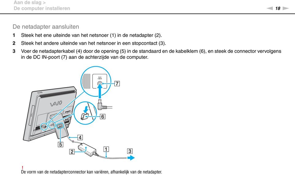 3 Voer de netadapterkabel (4) door de opening (5) in de standaard en de kabelklem (6), en steek de connector