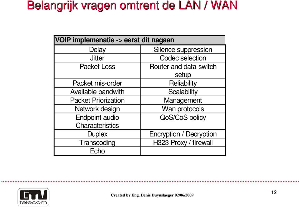 Reliability Available bandwith Scalability Packet Priorization Management Network design Wan