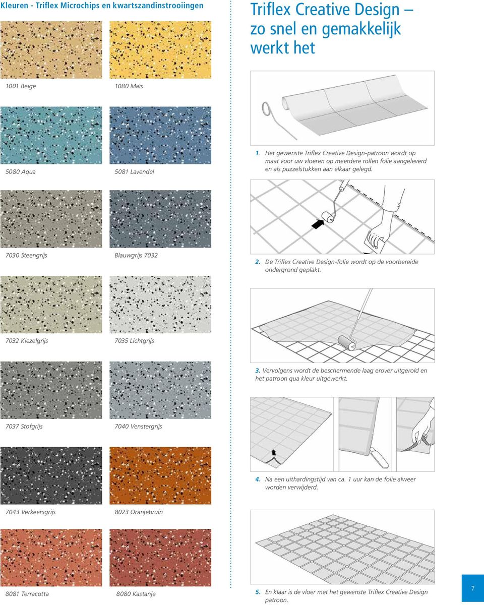 De Triflex Creative Design-folie wordt op de voorbereide ondergrond geplakt. 7032 Kiezelgrijs 7035 Lichtgrijs 3.