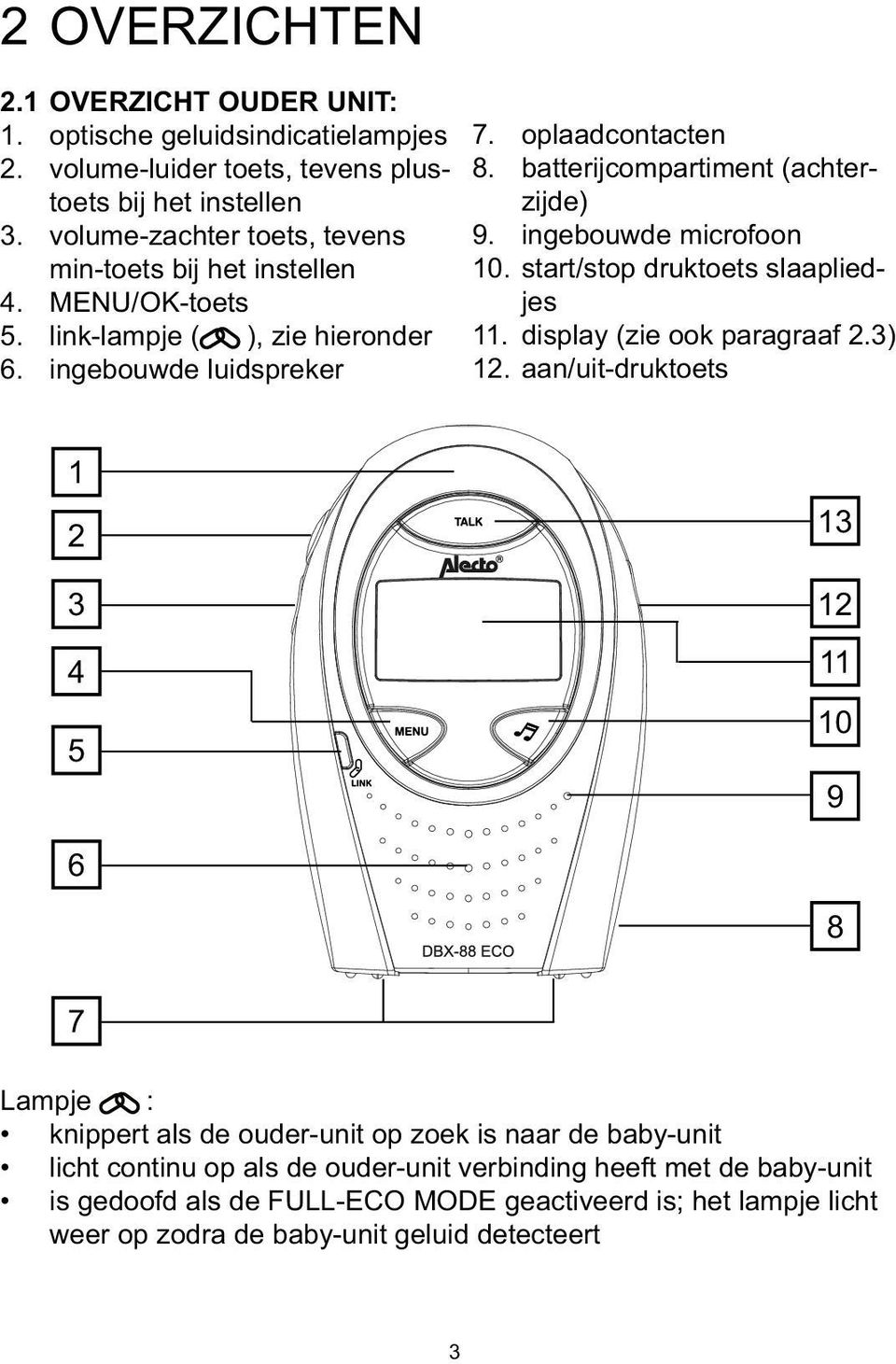 batterijcompartiment (achterzijde) 9. ingebouwde microfoon 10. start/stop druktoets slaapliedjes 11. display (zie ook paragraaf 2.3) 12.