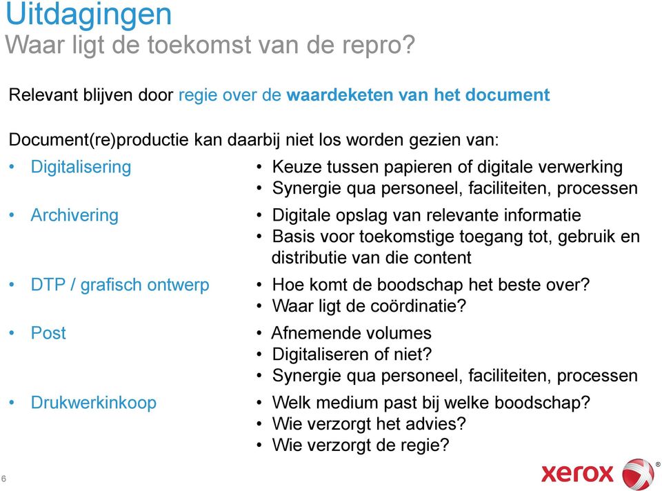 digitale verwerking Synergie qua personeel, faciliteiten, processen Archivering Digitale opslag van relevante informatie Basis voor toekomstige toegang tot, gebruik en