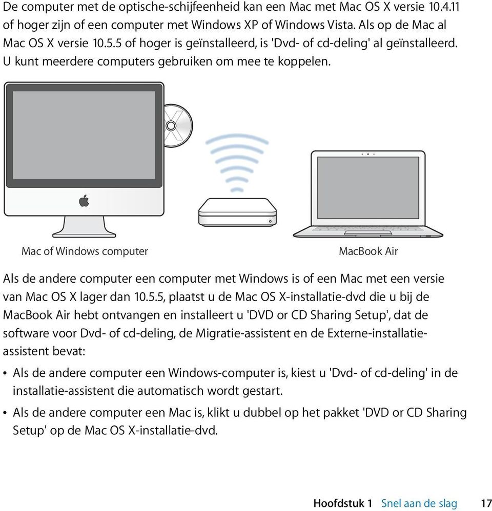 Mac of Windows computer MacBook Air Als de andere computer een computer met Windows is of een Mac met een versie van Mac OS X lager dan 10.5.