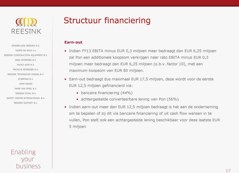 Earn-out bedraagt dus maximaal EUR 17,5 miljoen, deze wordt voor de eerste EUR 12,5 miljoen gefinancierd via: bancaire financiering (44%) achtergestelde converteerbare lening van