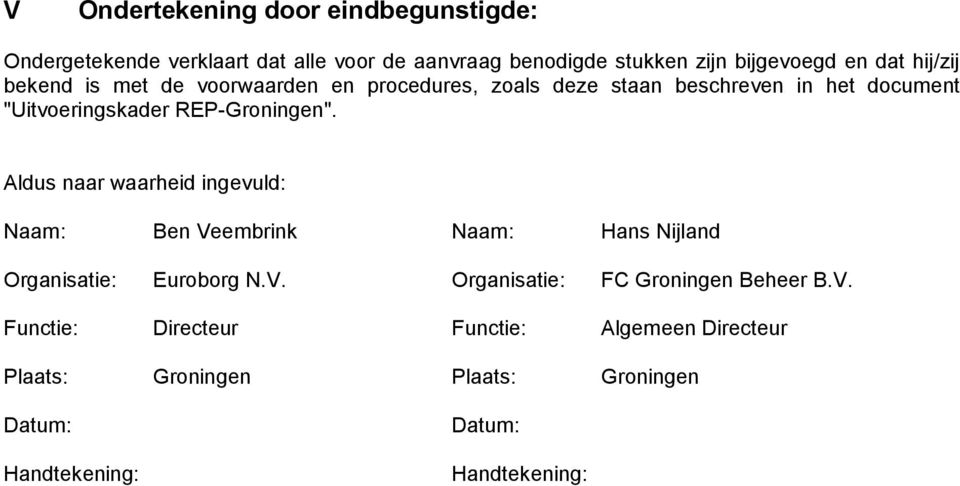 Aldus naar waarheid ingevuld: Naam: Ben Veembrink Naam: Hans Nijland Organisatie: Euroborg N.V. Organisatie: FC Groningen Beheer B.