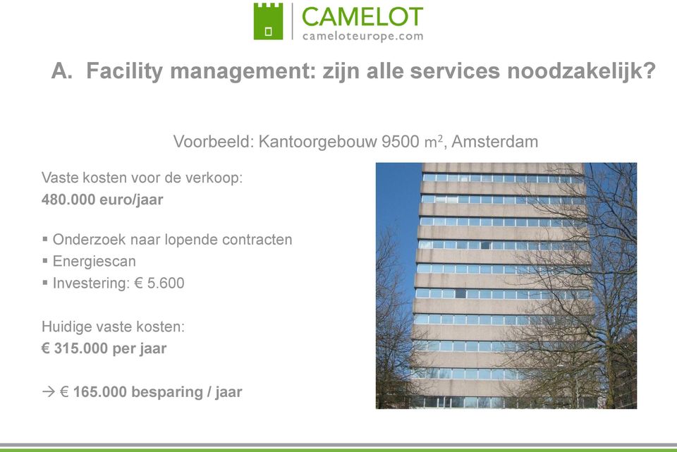 000 euro/jaar Voorbeeld: Kantoorgebouw 9500 m 2, Amsterdam Onderzoek