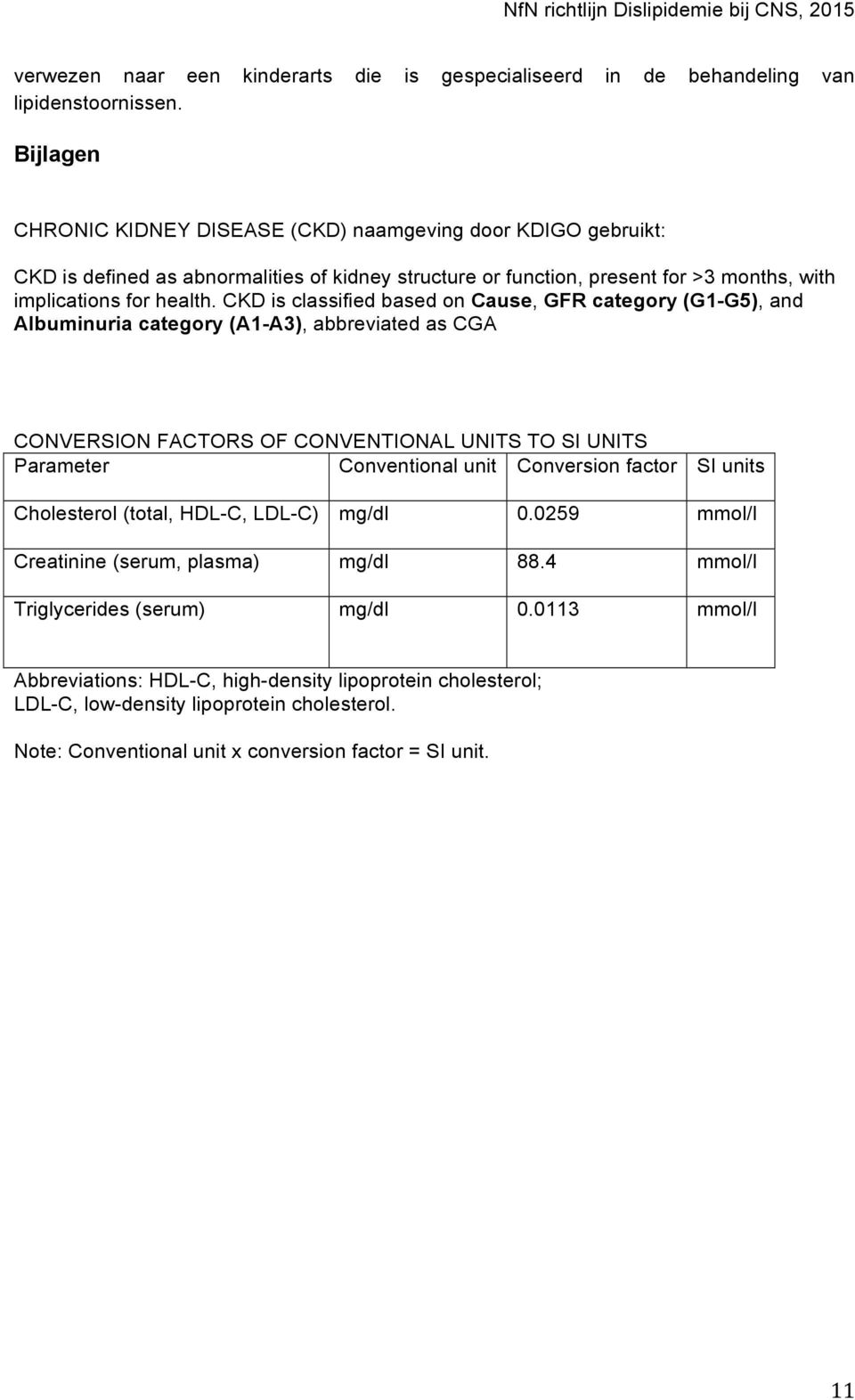 CKD is classified based on Cause, GFR category (G1-G5), and Albuminuria category (A1-A3), abbreviated as CGA CONVERSION FACTORS OF CONVENTIONAL UNITS TO SI UNITS Parameter Conventional unit