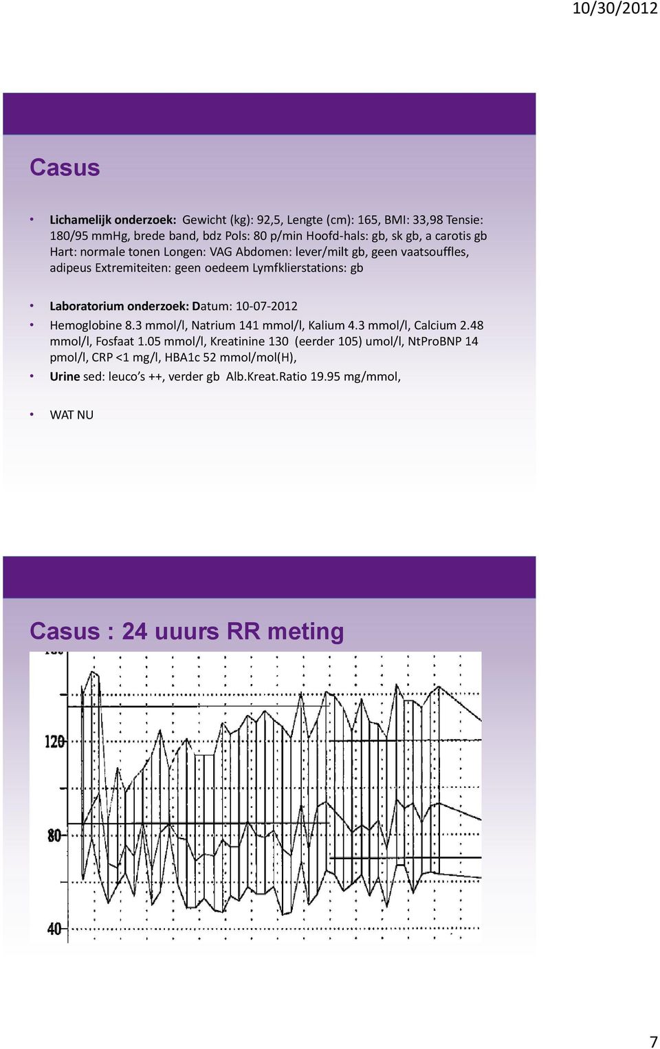 onderzoek: Datum: 10-07-2012 Hemoglobine 8.3 mmol/l, Natrium 141 mmol/l, Kalium 4.3 mmol/l, Calcium 2.48 mmol/l, Fosfaat 1.