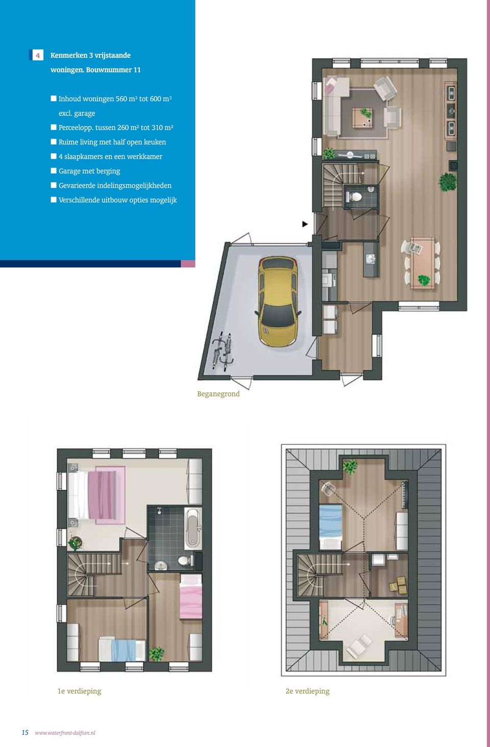 tussen 260 m² tot 310 m² Ruime living met half open keuken 4 slaapkamers en een werkkamer