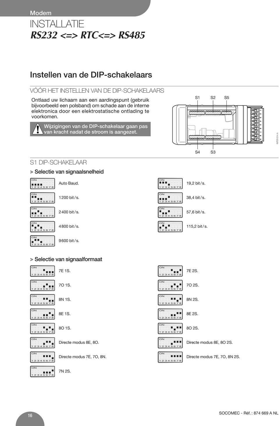 INTER 014 A S4 S3 S1 DIP-SCHAKELAAR > Selectie van signaalsnelheid Auto Baud. 19,2 bit / s. 1 200 bit / s. 38,4 bit / s. 2 400 bit / s. 57,6 bit / s. 4 800 bit / s. 115,2 bit / s.