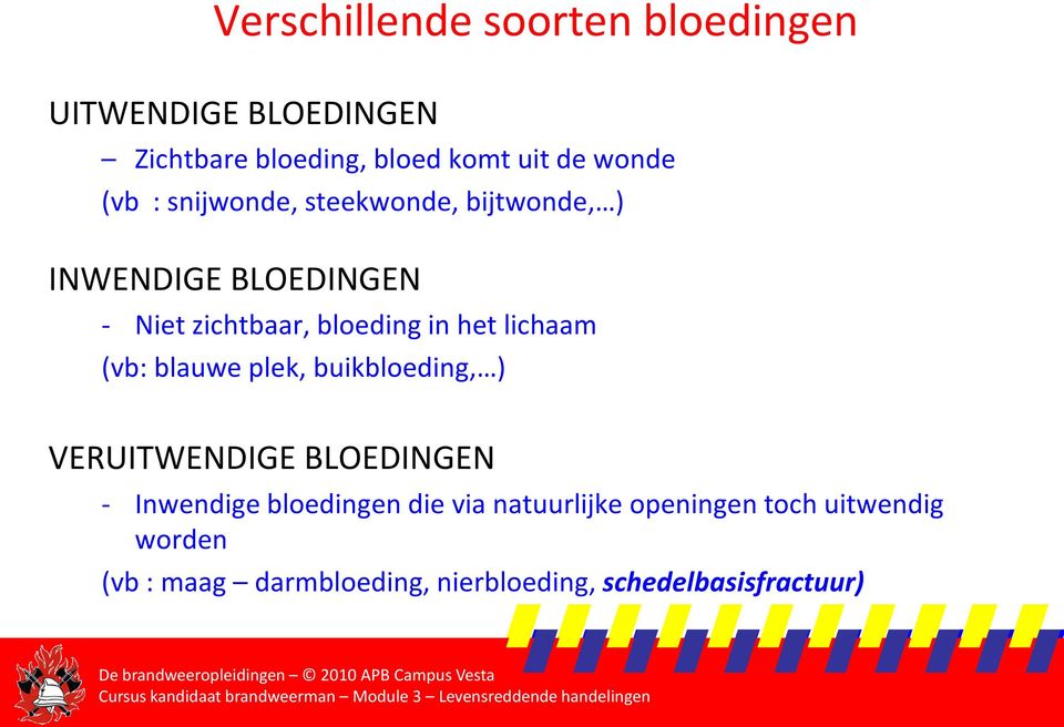 lichaam (vb: blauwe plek, buikbloeding, ) VERUITWENDIGE BLOEDINGEN - Inwendige bloedingen die via