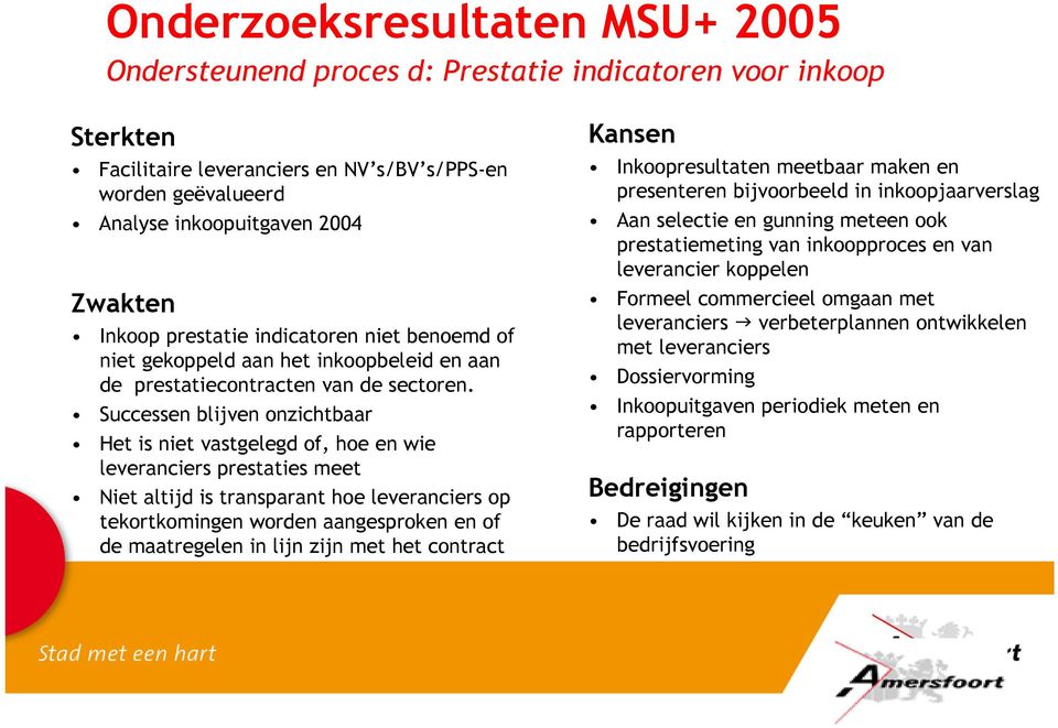 Successen blijven onzichtbaar Het is niet vastgelegd of, hoe en wie leveranciers prestaties meet Niet altijd is transparant hoe leveranciers op tekortkomingen worden aangesproken en of de maatregelen