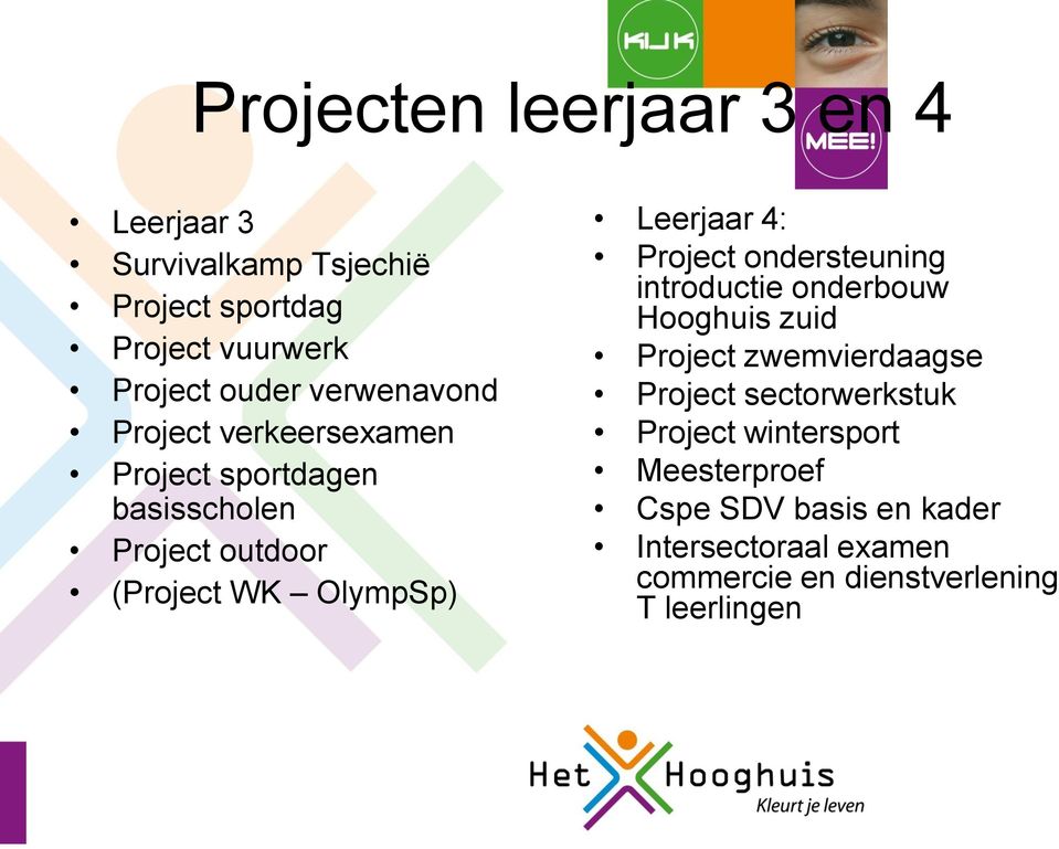 Leerjaar 4: Project ondersteuning introductie onderbouw Hooghuis zuid Project zwemvierdaagse Project