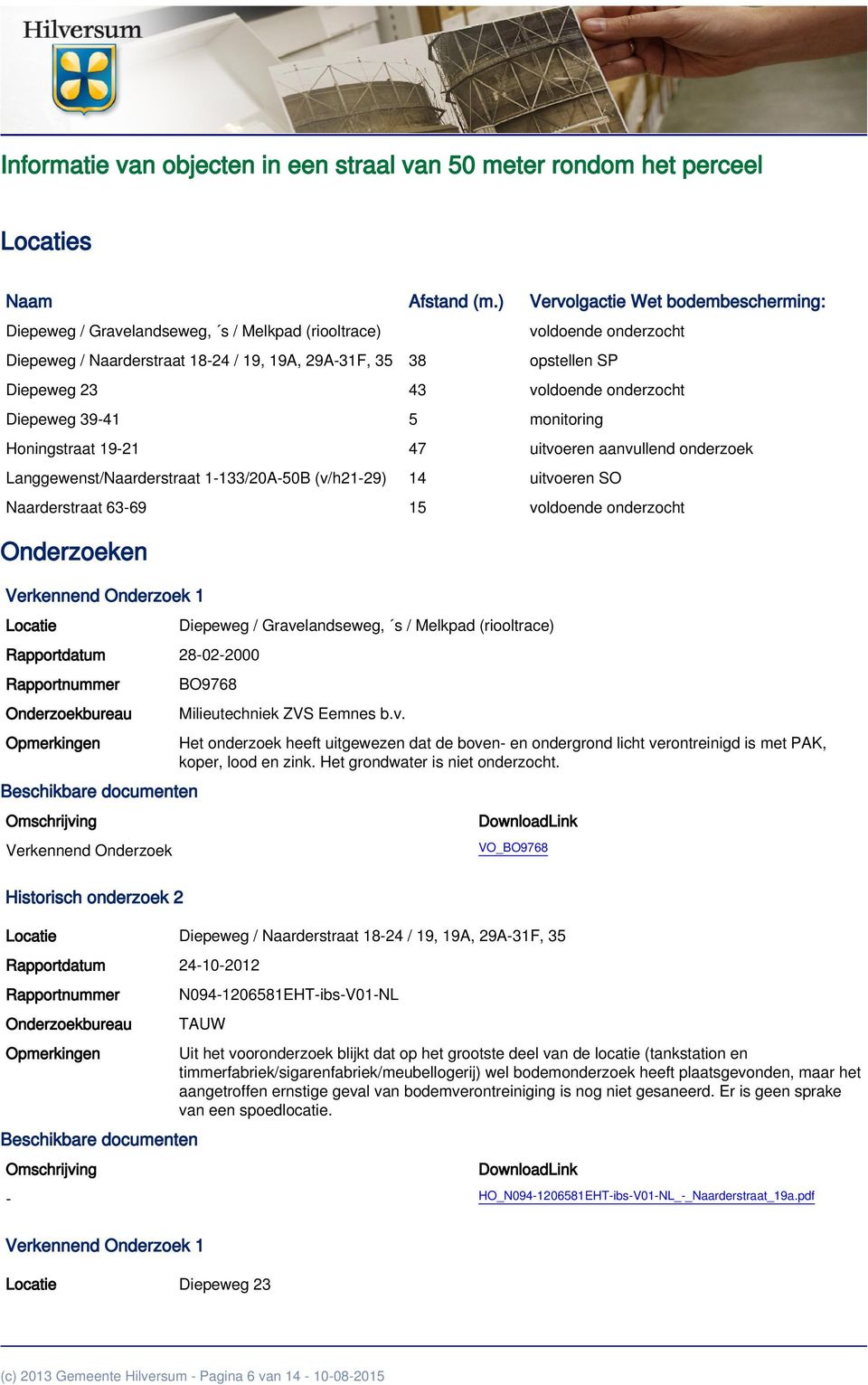 / Naarderstraat 18-24 / 19, 19A, 29A-31F, 35 38 opstellen SP Diepeweg 23 43 voldoende onderzocht Diepeweg 39-41 5 monitoring Honingstraat 19-21 47 uitvoeren aanvullend onderzoek