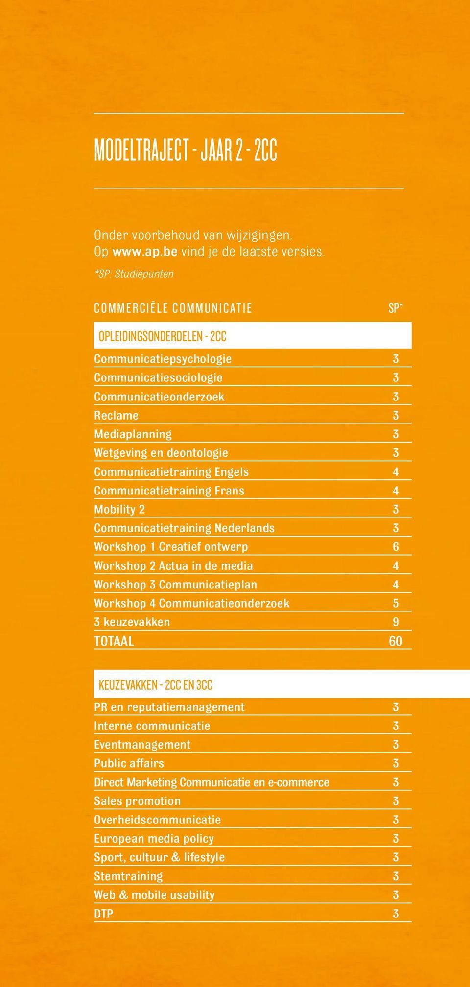 Communicatietraining Engels 4 Communicatietraining Frans 4 Mobility 2 3 Communicatietraining Nederlands 3 Workshop 1 Creatief ontwerp 6 Workshop 2 Actua in de media 4 Workshop 3 Communicatieplan 4