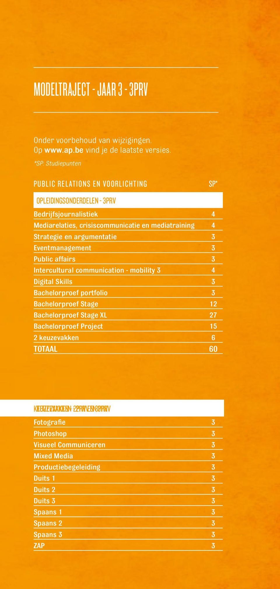 argumentatie 3 Eventmanagement 3 Public affairs 3 Intercultural communication - mobility 3 4 Digital Skills 3 Bachelorproef portfolio 3 Bachelorproef Stage 12 Bachelorproef