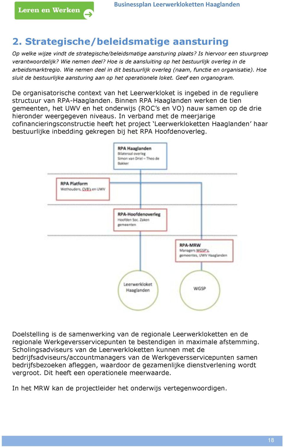 Hoe sluit de bestuurlijke aansturing aan op het operationele loket. Geef een organogram. De organisatorische context van het Leerwerkloket is ingebed in de reguliere structuur van RPA-Haaglanden.