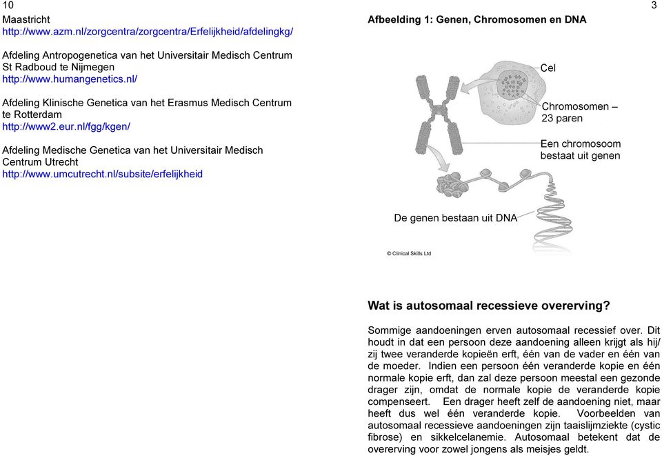 nl/subsite/erfelijkheid Afbeelding 1: Genen, Chromosomen en DNA 3 Wat is autosomaal recessieve overerving? Sommige aandoeningen erven autosomaal recessief over.