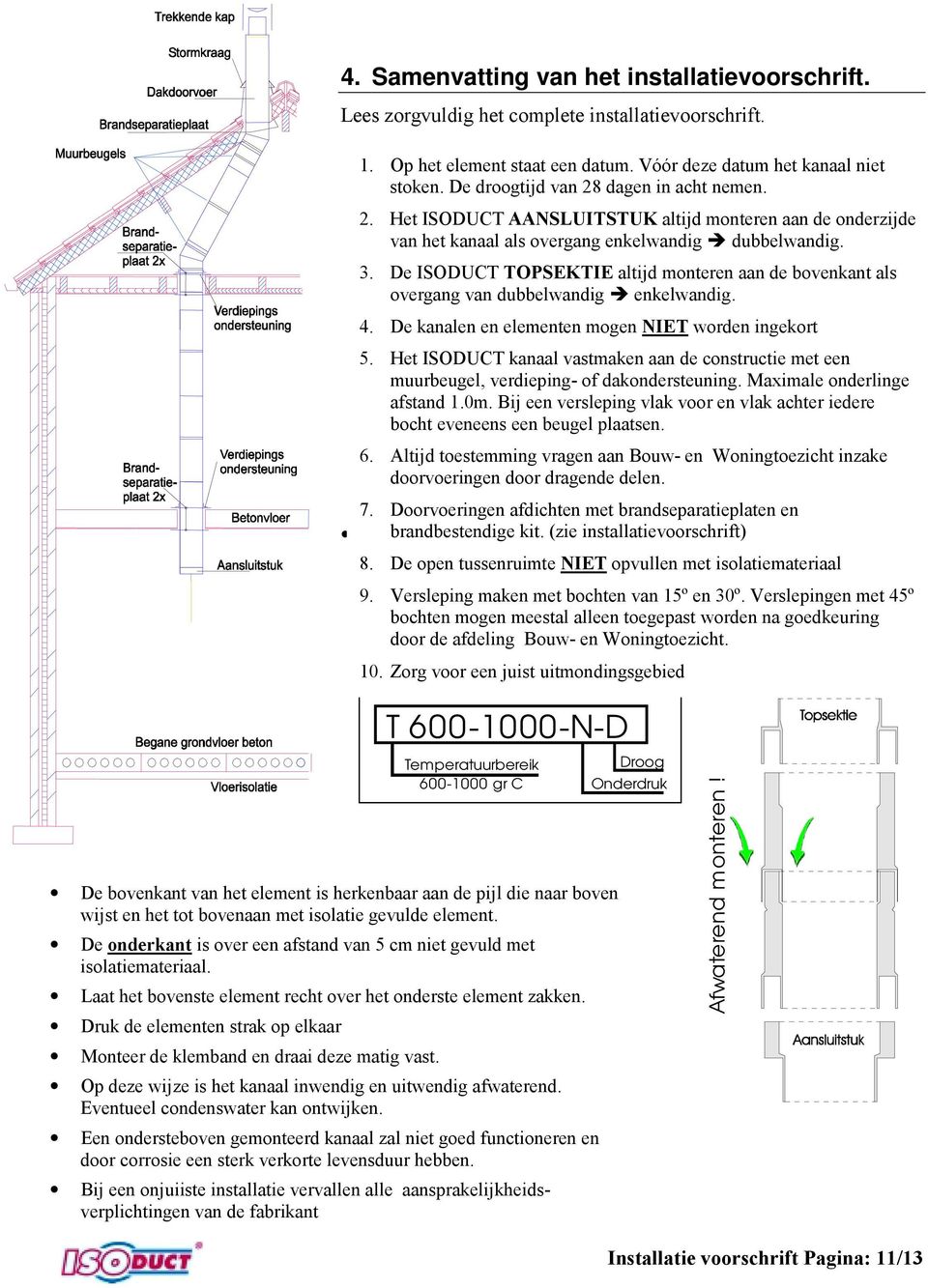 De ISODUCT TOPSEKTIE altijd monteren aan de bovenkant als overgang van dubbelwandig enkelwandig. 4. De kanalen en elementen mogen NIET worden ingekort 5.