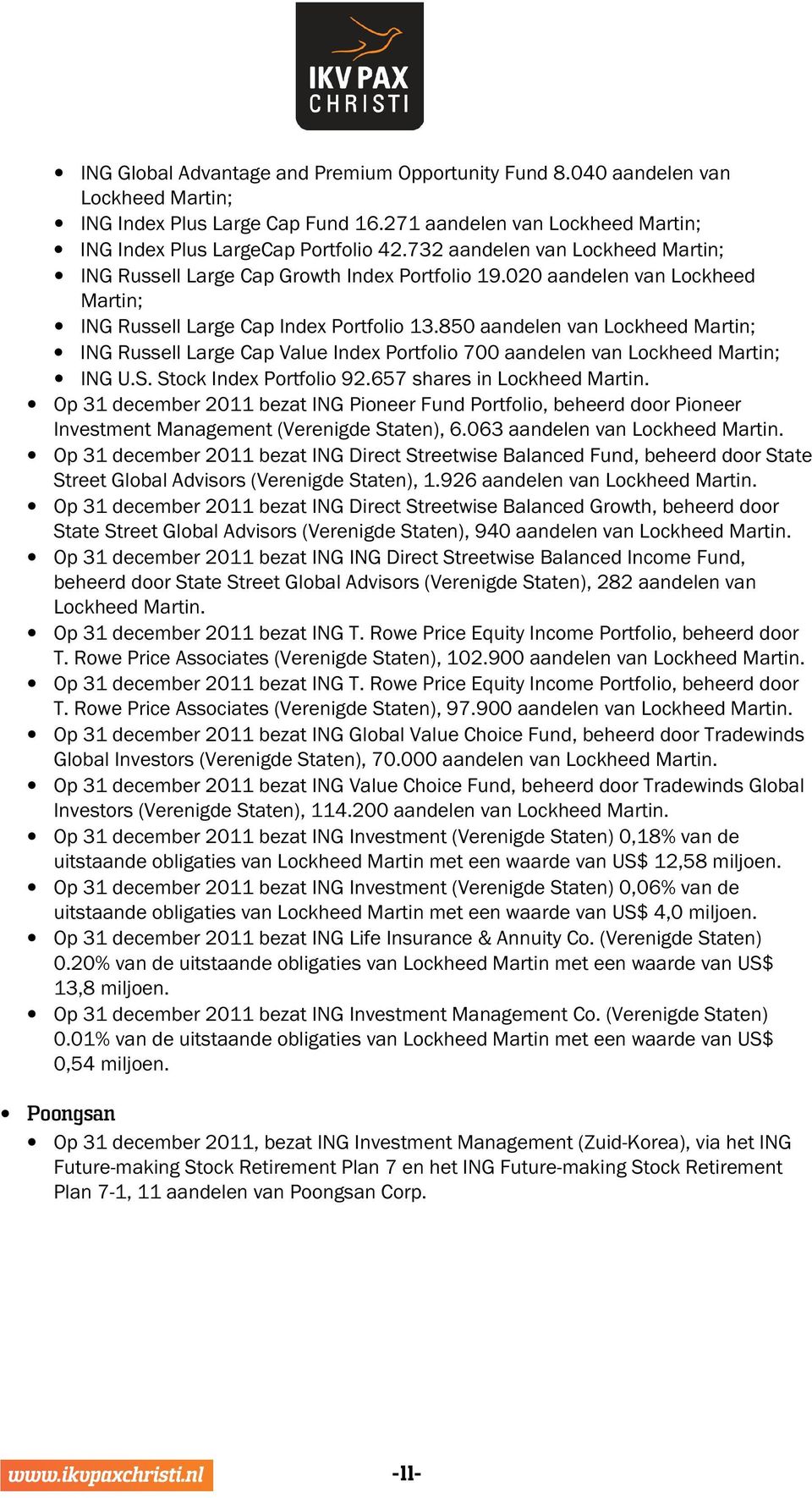 850 aandelen van Lockheed Martin; ING Russell Large Cap Value Index Portfolio 700 aandelen van Lockheed Martin; ING U.S. Stock Index Portfolio 92.657 shares in Lockheed Martin.