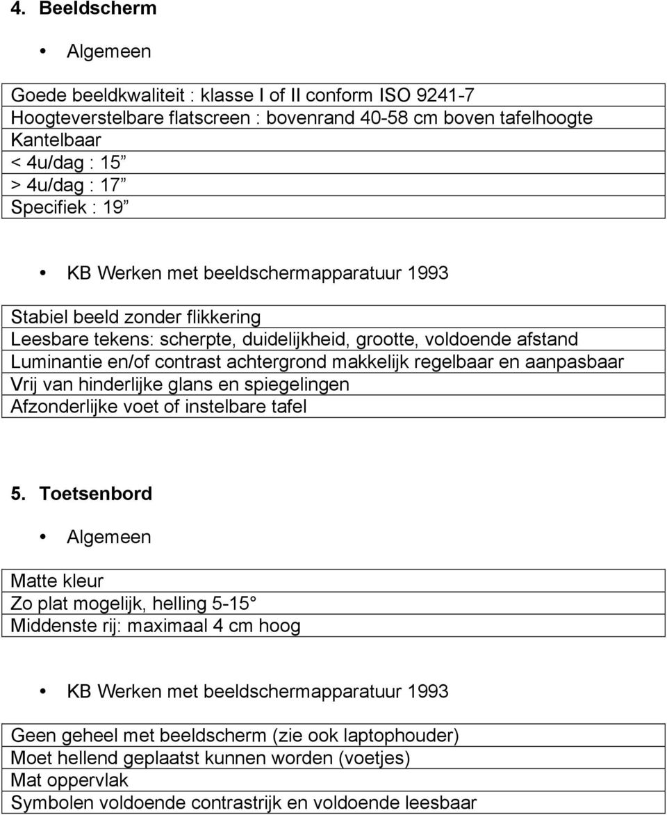 aanpasbaar Vrij van hinderlijke glans en spiegelingen Afzonderlijke voet of instelbare tafel 5.