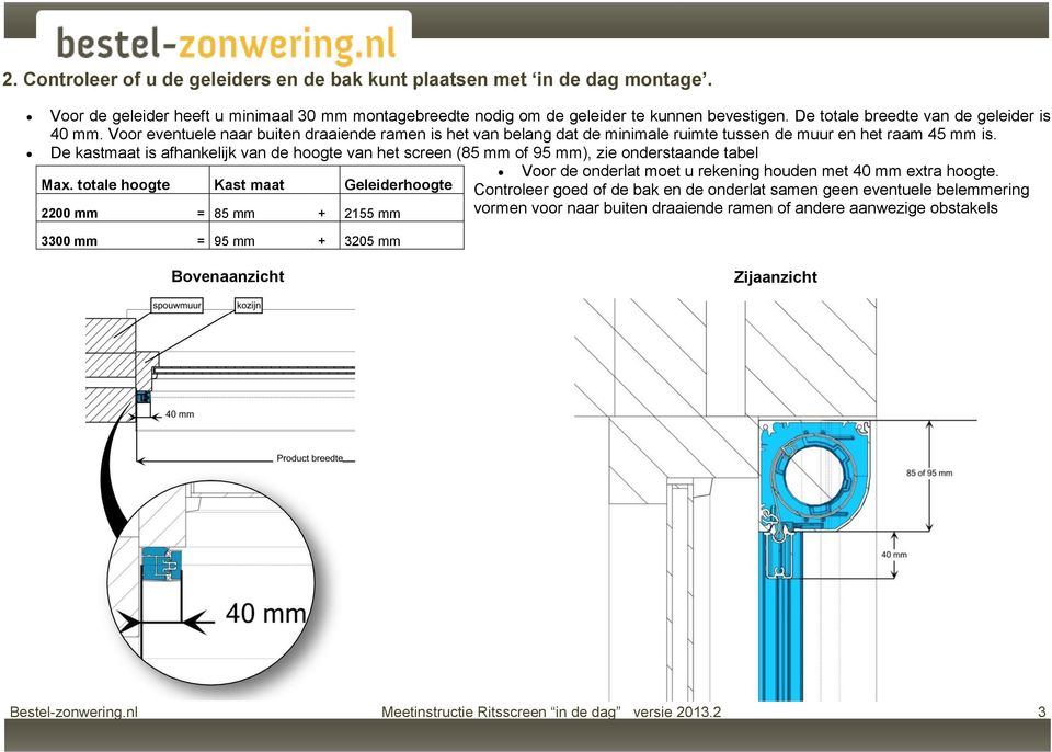 De kastmaat is afhankelijk van de hoogte van het screen (85 mm of 95 mm), zie onderstaande tabel Max.