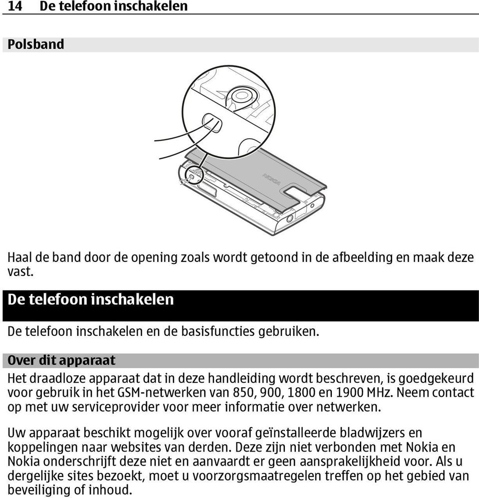 Over dit apparaat Het draadloze apparaat dat in deze handleiding wordt beschreven, is goedgekeurd voor gebruik in het GSM-netwerken van 850, 900, 1800 en 1900 MHz.