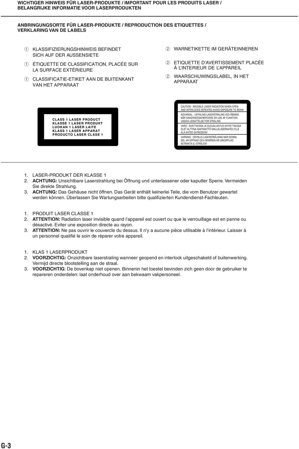 WARNETIKETTE IM GERÄTEINNEREN 2 ETIQUETTE D AVERTISSEMENT PLACÉE À L INTERIEUR DE L APPAREIL 2 WAARSCHUWINGSLABEL, IN HET APPARAAT CLASS 1 LASER PRODUCT KLASSE 1 LASER PRODUKT LUOKAN 1 LASER LAITE