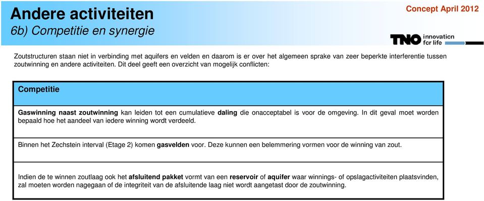 Dit deel geeft een overzicht van mogelijk conflicten: Competitie Gaswinning naast zoutwinning kan leiden tot een cumulatieve daling die onacceptabel is voor de omgeving.