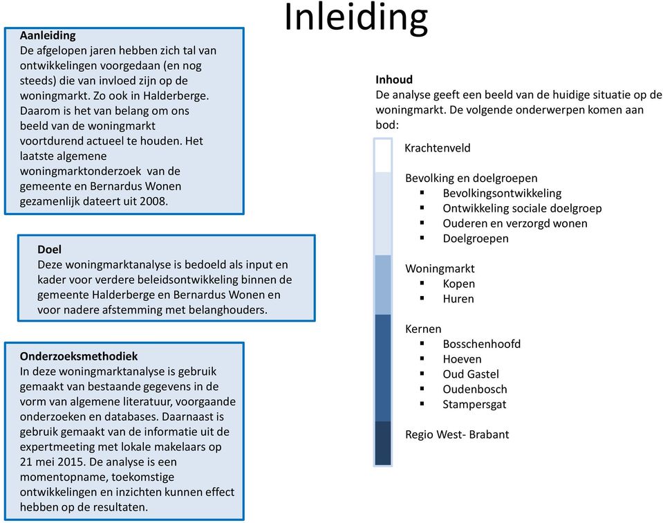 Doel Deze woningmarktanalyse is bedoeld als input en kader voor verdere beleidsontwikkeling binnen de gemeente Halderberge en Bernardus Wonen en voor nadere afstemming met belanghouders.