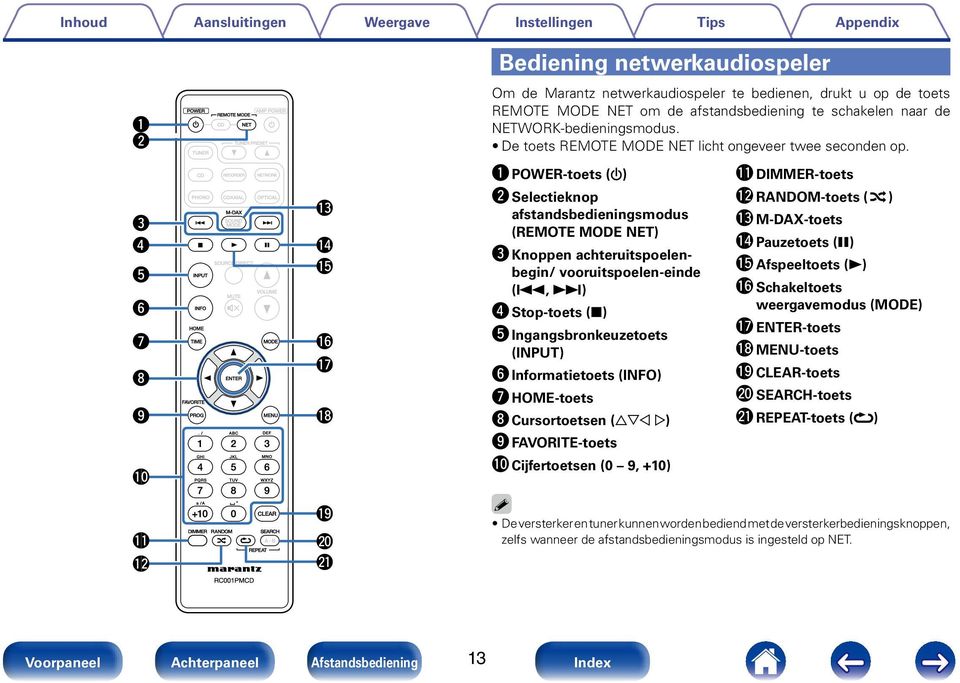 q POWER-toets (X) w Selectieknop afstandsbedieningsmodus (REMOTE MODE NET) e Knoppen achteruitspoelenbegin/ vooruitspoelen-einde (8, 9) r Stop-toets (2) t Ingangsbronkeuzetoets (INPUT) y