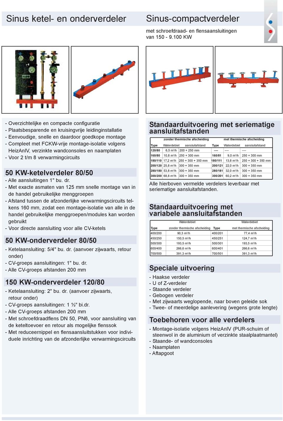 volgens HeizAnlV, verzinkte wandconsoles en naamplaten - Voor 2 t/m 8 verwarmingcircuits 50 KW-ketelverdeler 80/50 - Alle aansluitingen 1" bu. dr.