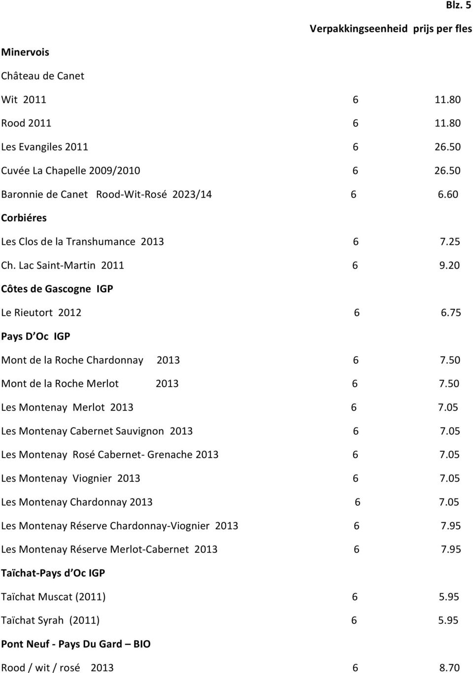 50 Mont de la Roche Merlot 2013 6 7.50 Les Montenay Merlot 2013 6 7.05 Les Montenay Cabernet Sauvignon 2013 6 7.05 Les Montenay Rosé Cabernet- Grenache 2013 6 7.05 Les Montenay Viognier 2013 6 7.