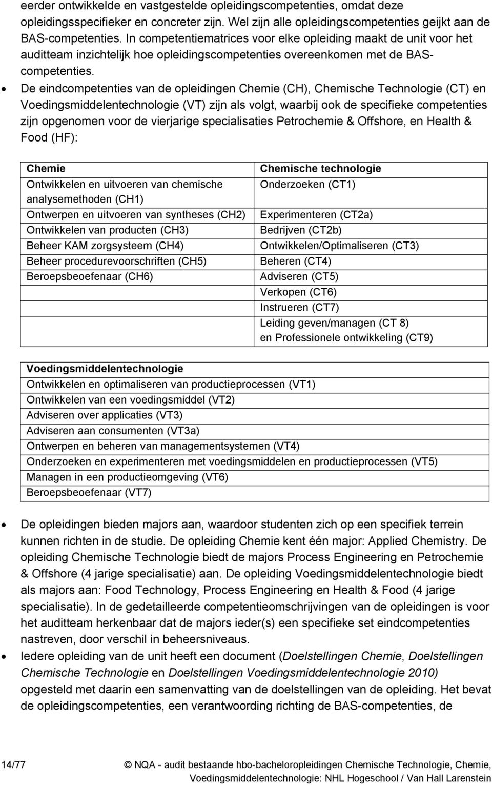 De eindcompetenties van de opleidingen Chemie (CH), Chemische Technologie (CT) en Voedingsmiddelentechnologie (VT) zijn als volgt, waarbij ook de specifieke competenties zijn opgenomen voor de