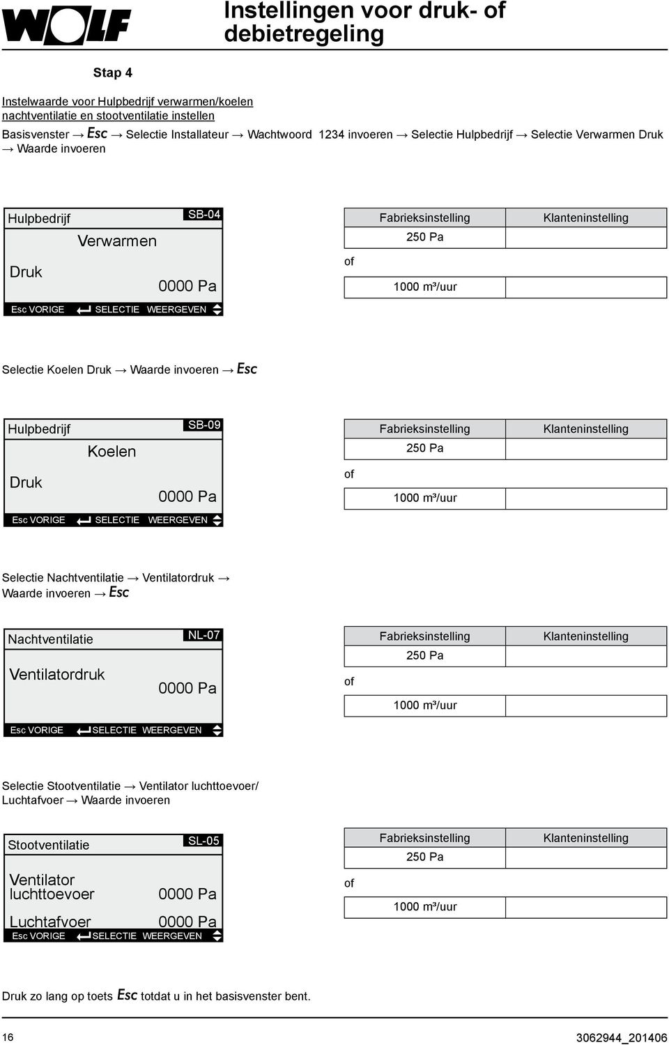 Druk 0000 Pa 1000 m³/uur Selectie Nachtventilatie Ventilatordruk Waarde invoeren Esc Nachtventilatie Ventilatordruk NL-07 0000 Pa 250 Pa 1000 m³/uur Selectie Stootventilatie Ventilator