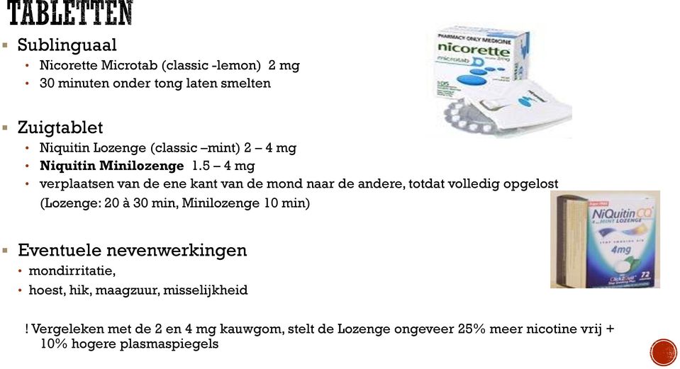 5 4 mg verplaatsen van de ene kant van de mond naar de andere, totdat volledig opgelost (Lozenge: 20 à 30 min,