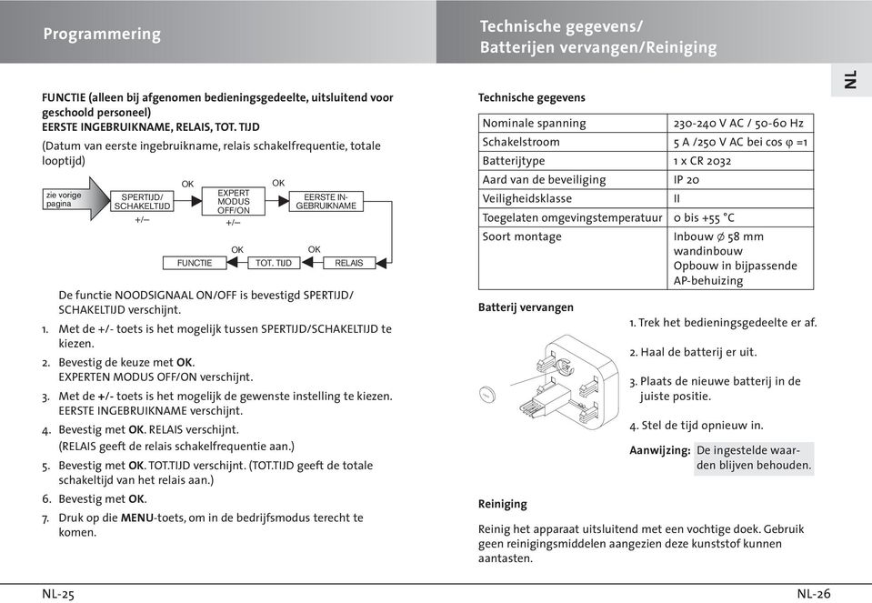 TIJD RELAIS De functie NOODSIGNAAL ON/OFF is bevestigd SPERTIJD/ SCHAKELTIJD verschijnt. 1. Met de +/- toets is het mogelijk tussen SPERTIJD/SCHAKELTIJD te kiezen. 2. Bevestig de keuze met.