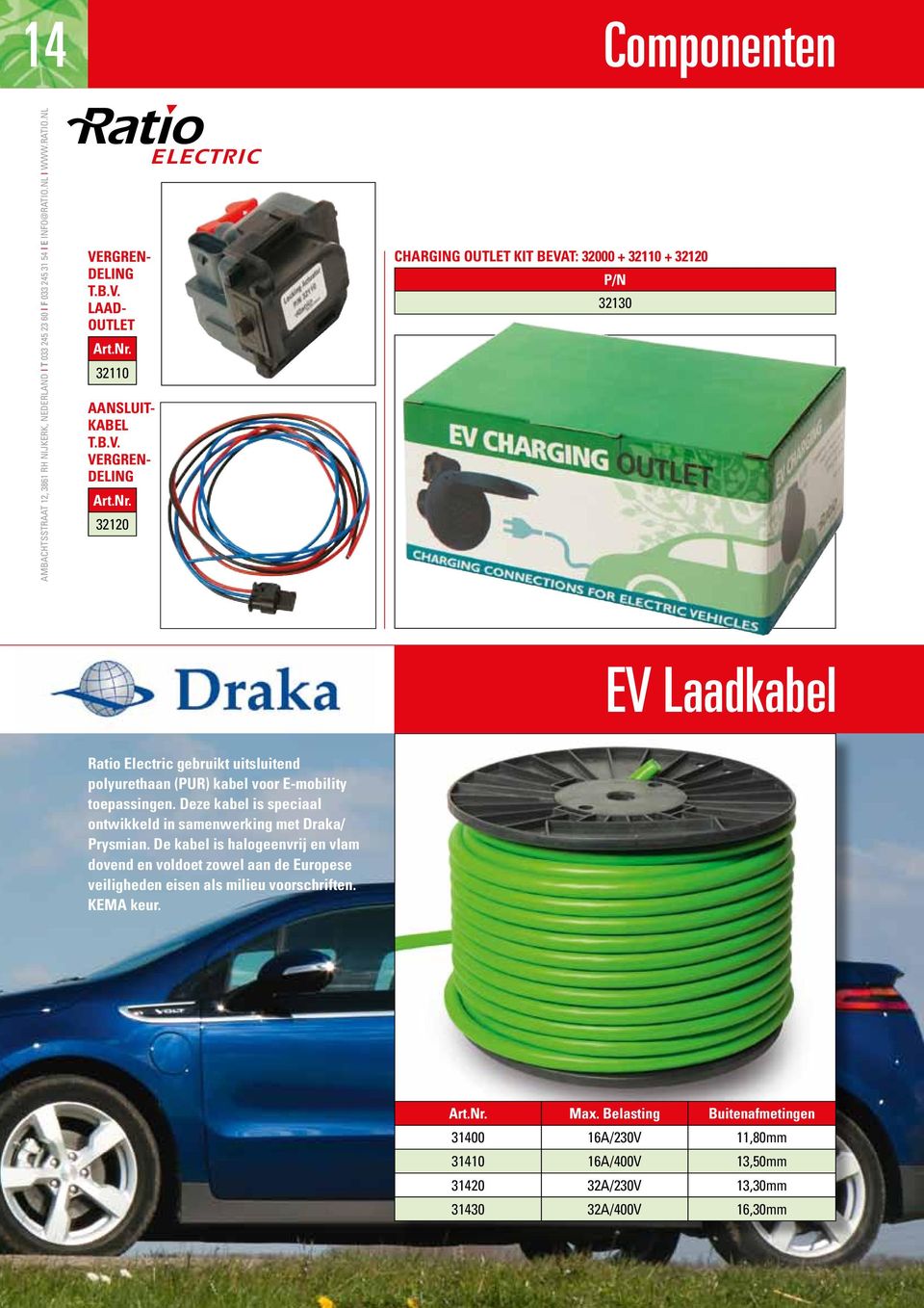 KEMA approval Charging Outlet kit bevat: 32000 + 32110 + 32120 P/N 32130 EV Laadkabel Ratio Electric gebruikt uitsluitend polyurethaan (PUR) kabel voor E-mobility toepassingen.