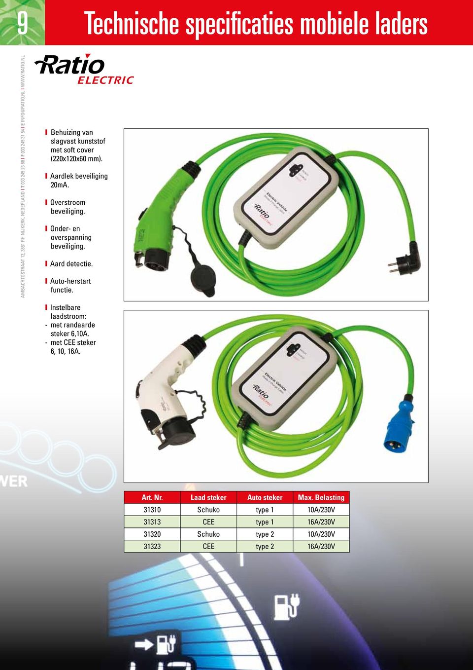 I Auto-herstart functie. I Instelbare laadstroom: - met randaarde steker 6,10A. - met CEE steker 6, 10, 16A. Art. Nr.