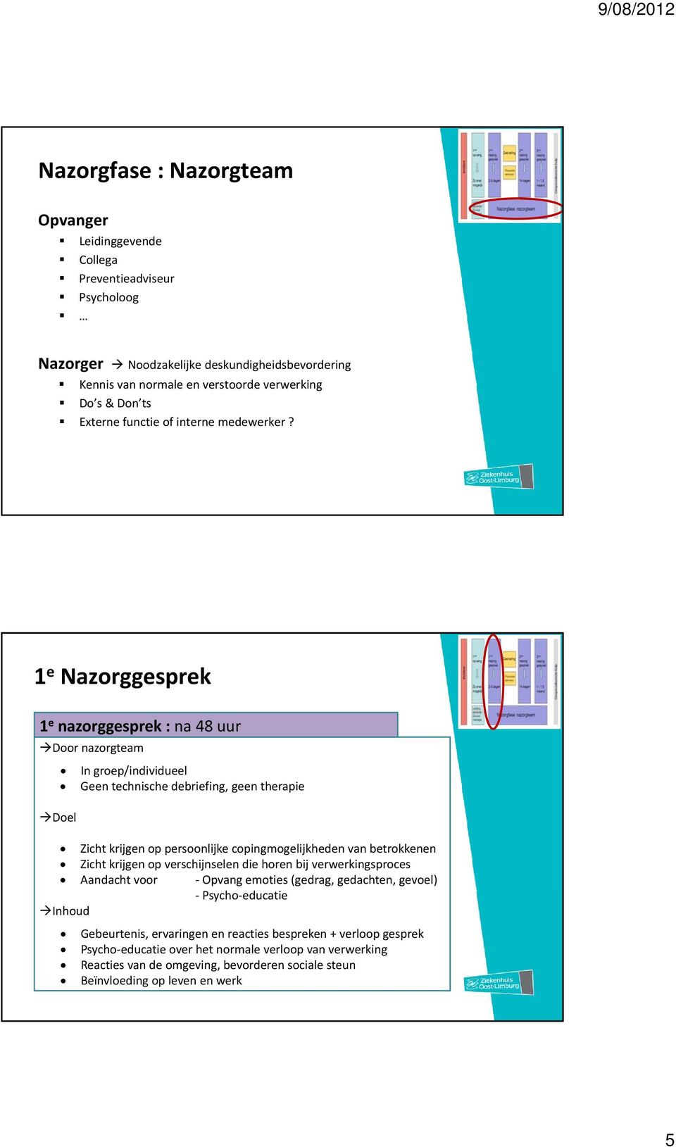 1 e Nazorggesprek 1 e nazorggesprek : na 48 uur Door nazorgteam In groep/individueel Geen technische debriefing, geen therapie Doel Zicht krijgen op persoonlijke copingmogelijkheden van betrokkenen