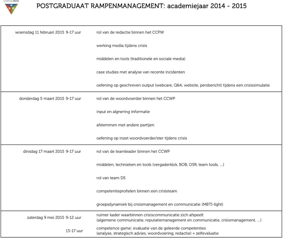 afstemmen met andere partijen oefening op inzet woordvoerder/ster tijdens crisis dinsdag 17 maart 2015 9-17 uur rol van de teamleader binnen het CCWP middelen, technieken en tools (vergaderklok, BOB,