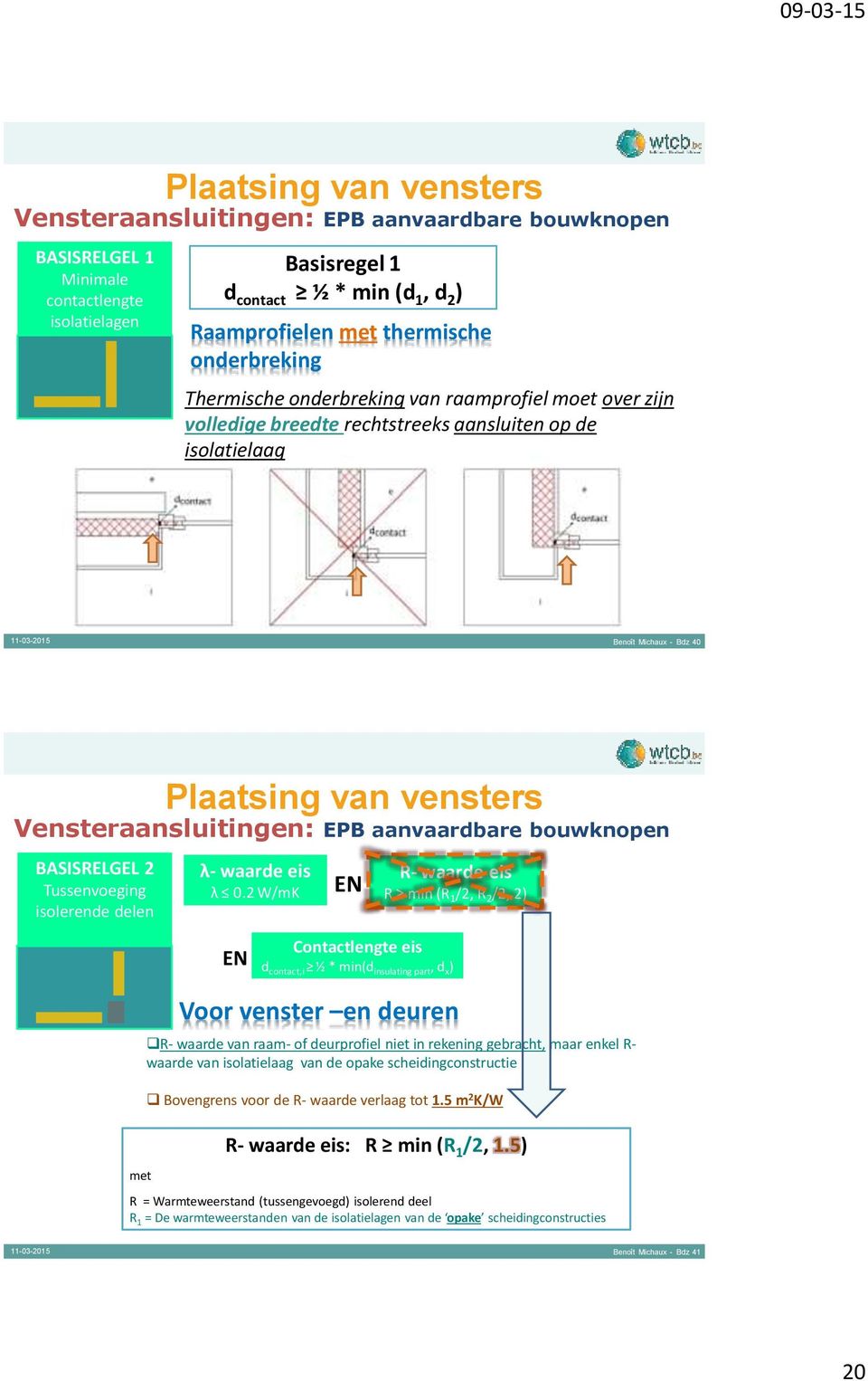 ussenvoeging isolerende delen λ- waarde eis λ 0.2 W/mK EN R- waarde eis R min (R 1 /2, R 2 /2, 2) EN Contactlengte eis d contact,i ½ * min(d insulating part, d x ) λ- waarde eis λ 0.