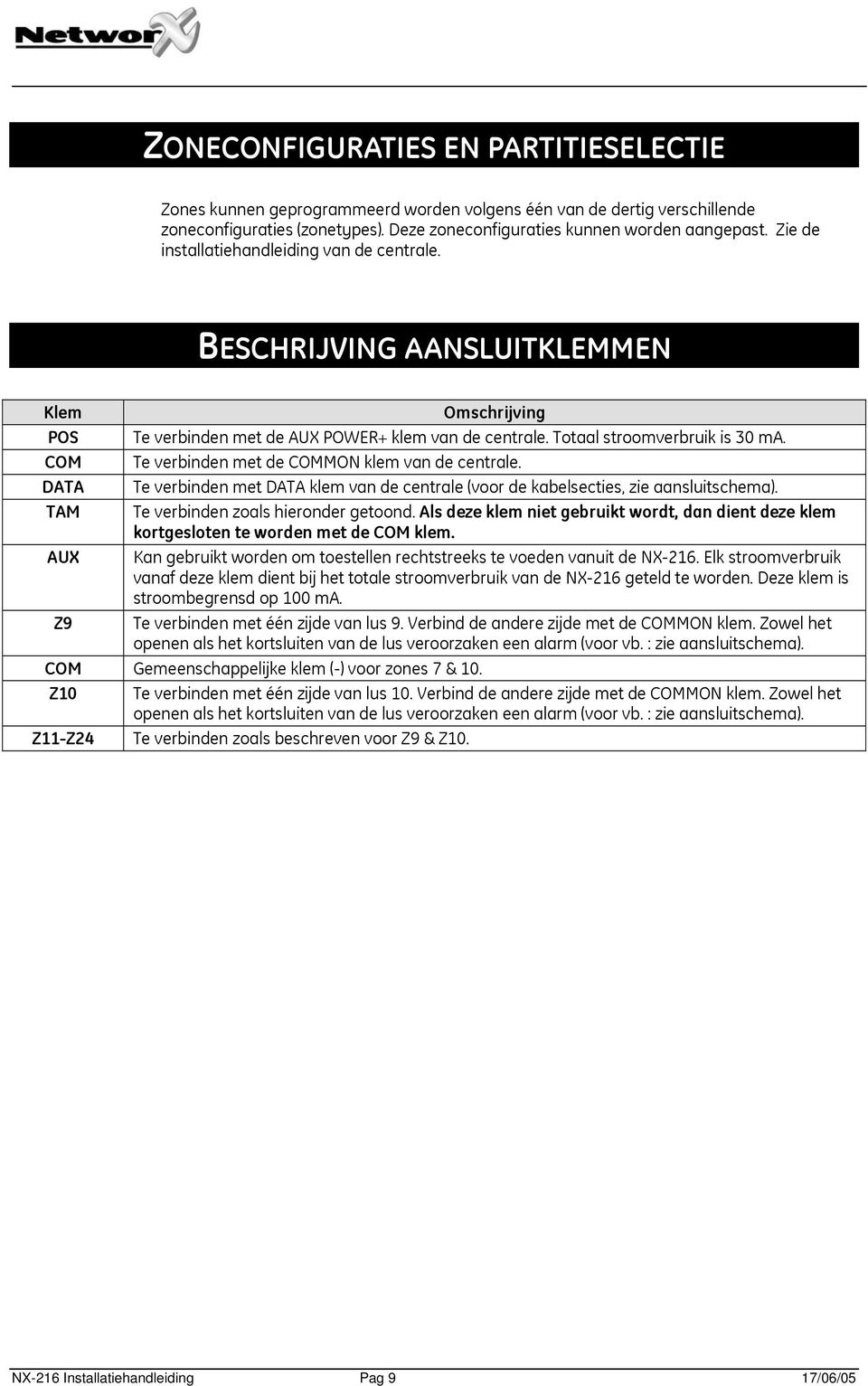 COM Te verbinden met de COMMON klem van de centrale. DATA Te verbinden met DATA klem van de centrale (voor de kabelsecties, zie aansluitschema). TAM Te verbinden zoals hieronder getoond.